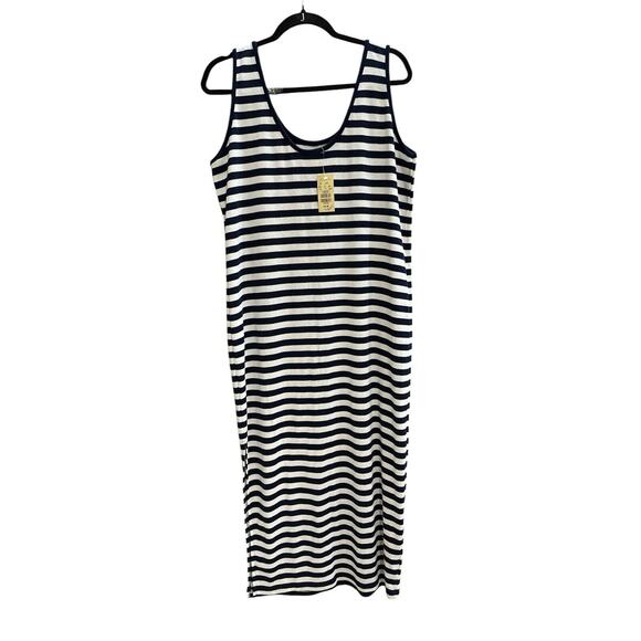 Vintage 90s Express Tricot - Navy striped sleeveless tank stretch midi dress,SzL - Picture 1 of 5